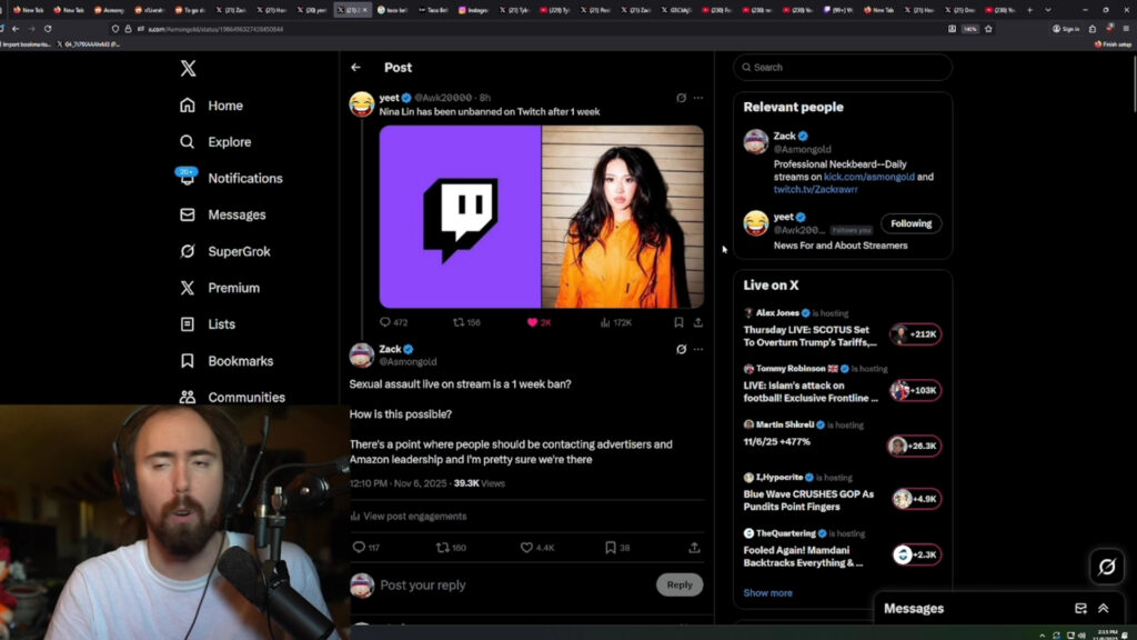 Asmongold Calls Out Twitch Over Nina Lin’s Quick Unban