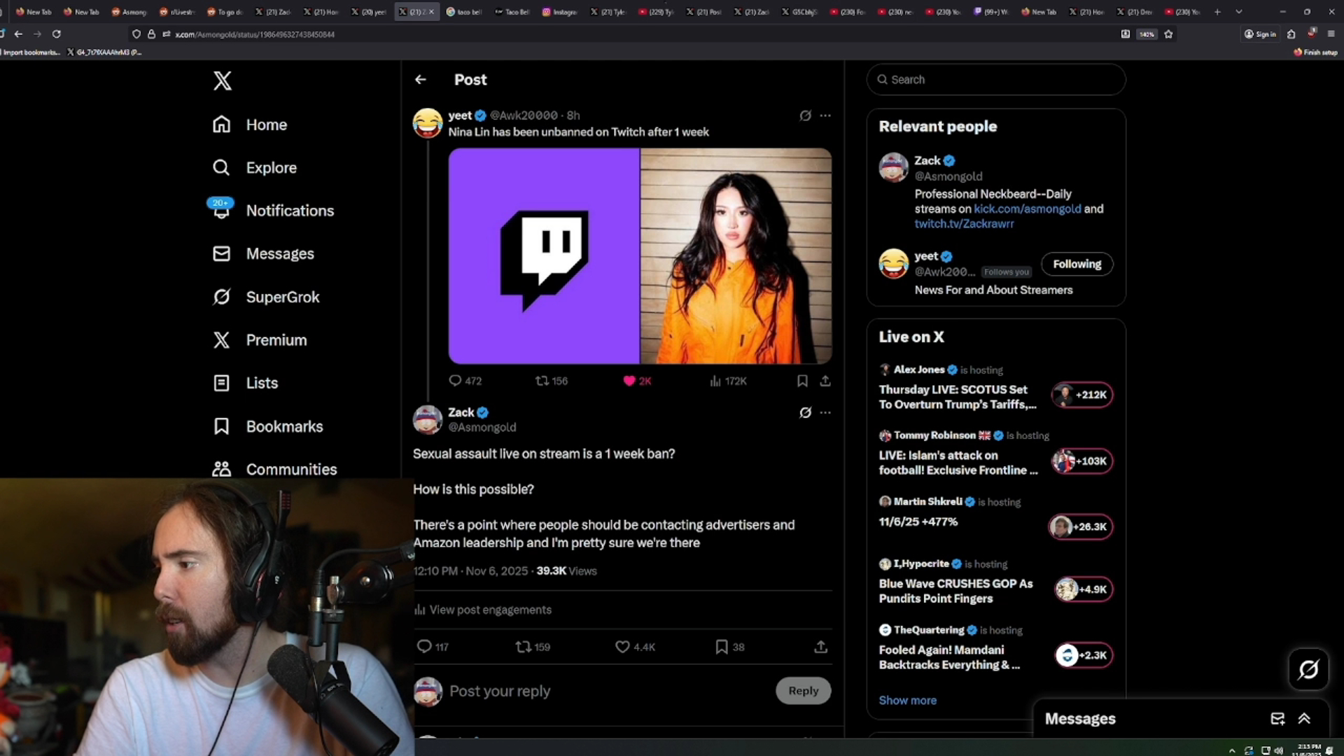 Asmongold Calls Out Twitch Over Nina Lin’s Quick Unban